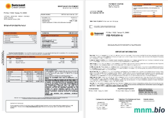USA Suncoast Bank wyciąg z kredytu hipotecznego w formatach Word i PDF 1-2